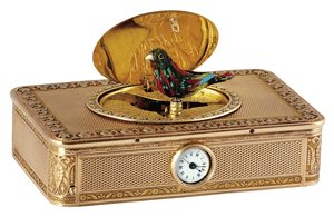 תיבת נגינה עם ציפור מזמרת ושעון